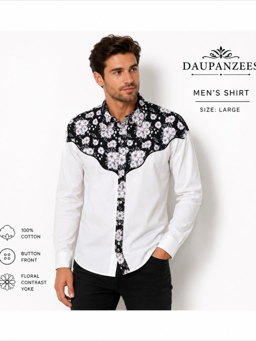 NWT Daupanzees Men's Large Floral Contrast Button Front Shirt White Black Cherry